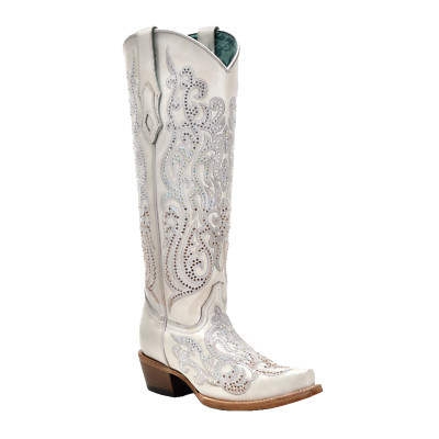 Corral Ladies Crystals Overlay Snip Toe White Tall Western Boots C4099