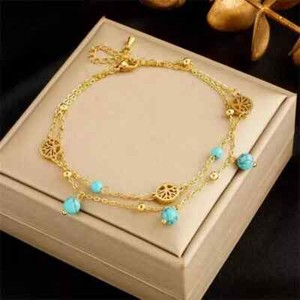 Woman 18K Gold Plated Turquoise Life of Tree 2 Layer Beaded Bracelet Bangle