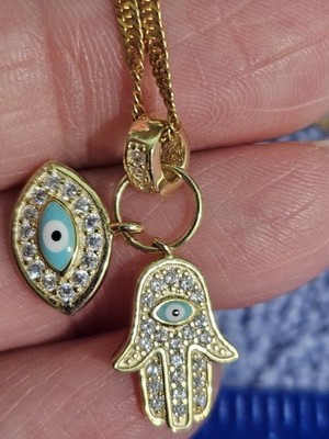  Gold Plated 925 Sterling Silver Evil Eye Hamsa Cubic Zirconia CZ Necklace 22''