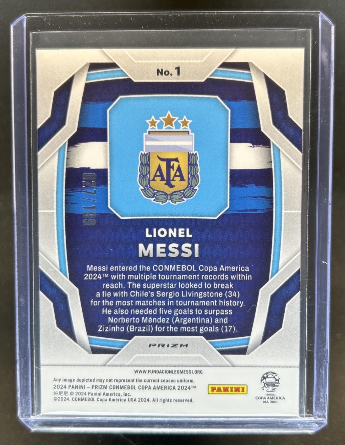 2024-25 Panini Prizm Copa America Lionel Messi Blue Wave #/199 Argentina view 2