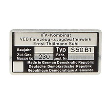 Typenschild Simson S50 B1 blanko Plakette DDR-Originalteil Simson Suhl Sausewind