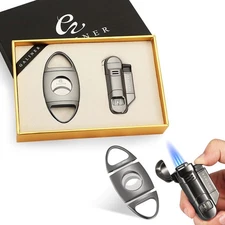 Galiner Metal Cigar Cutter Cigar Lighter 3 Torch Flame Windproof Gift Punch Gray