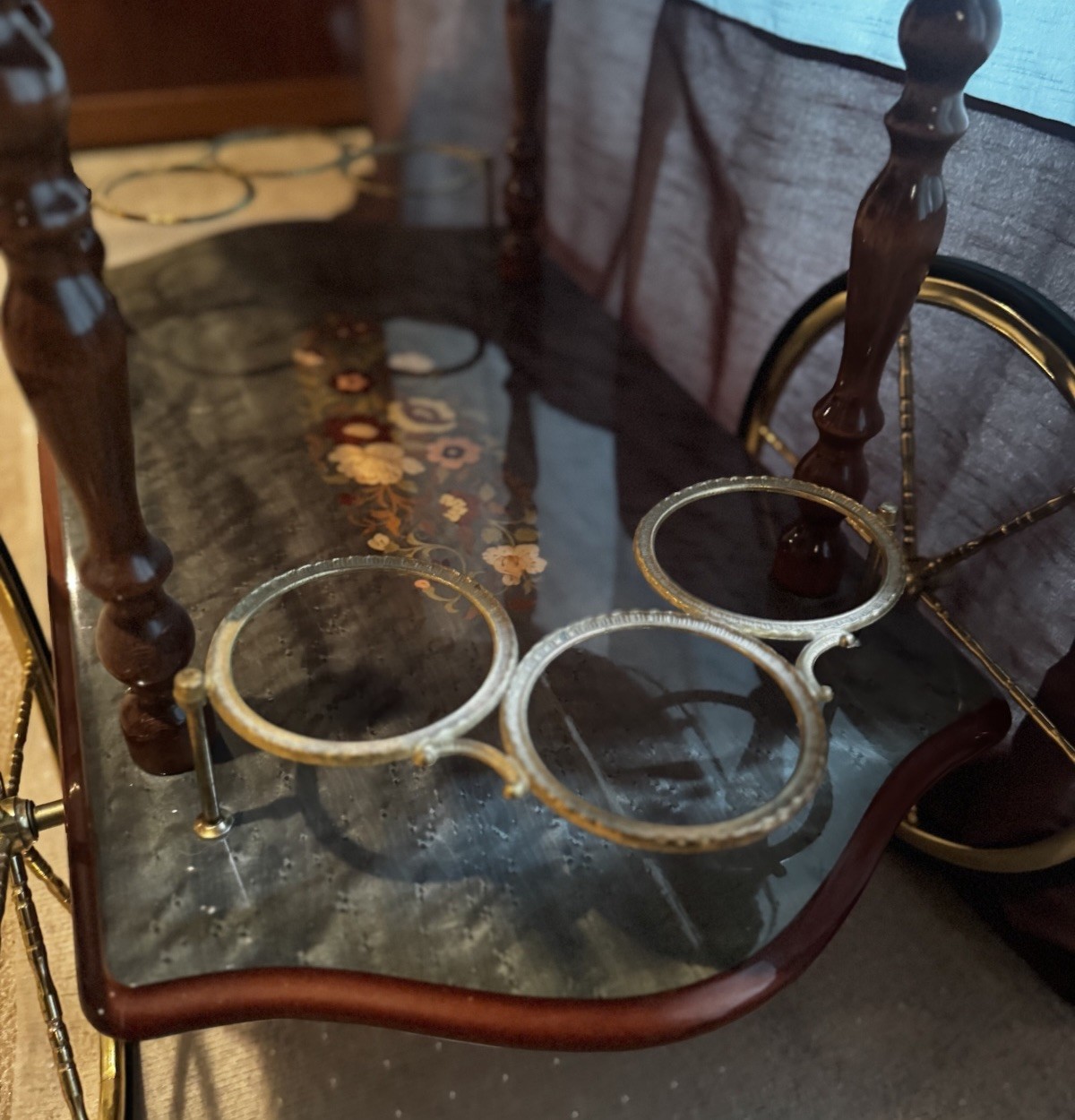 Italian Marquetry Inlaid Wood Serving Tea Or Bar Cart Wine Trolley Drop Leaf