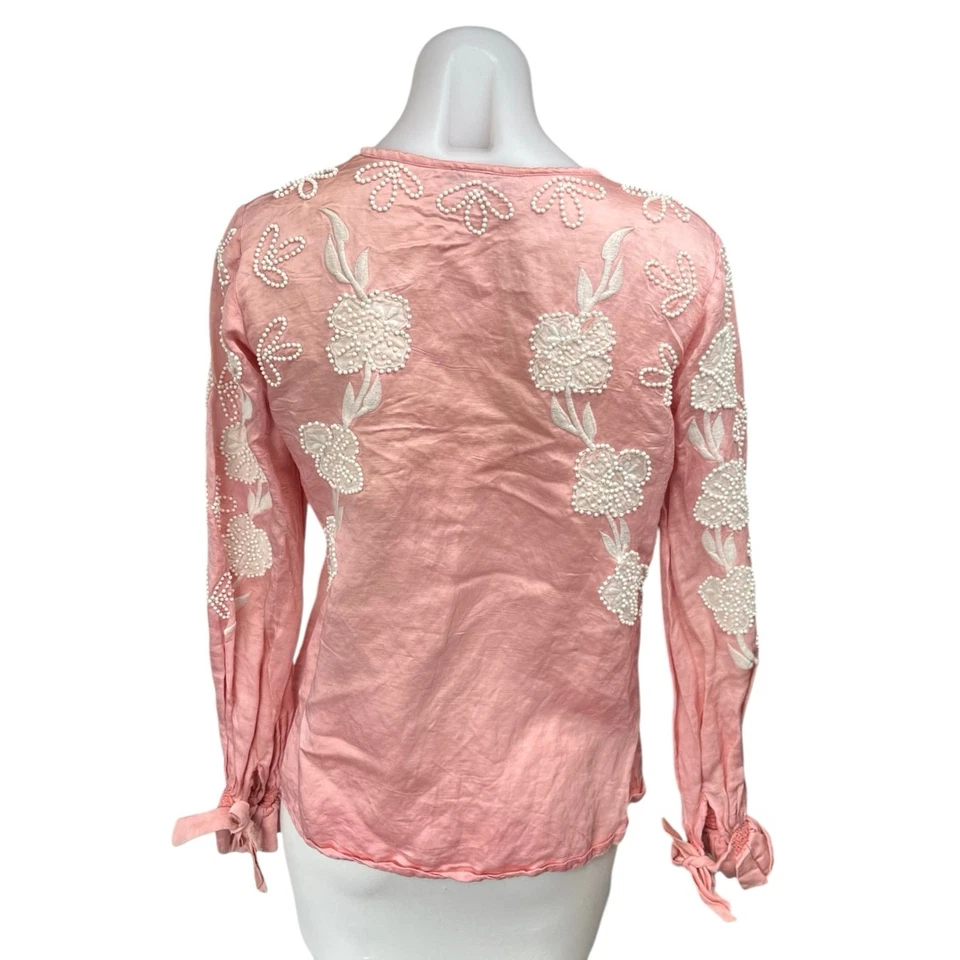 Blusa Top Karina Grimaldi Seda Satinado Rosa Floral Manga Larga Bordada Talla S Foto 2 de 4