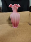 Pink Satin Iridescent Ruffled Edge Melon Vase. 11 3/8" Tall, possibly Fenton