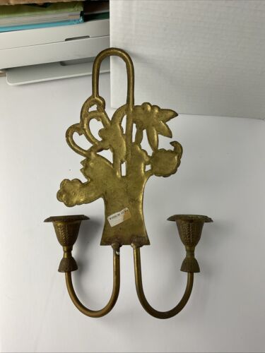VINTAGE SOLID BRASS Double Arm Sconce Wall Candle Stick Holder Flowers Basket - Picture 3 of 10
