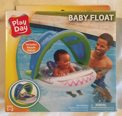 Play Day Baby Float Ages 1-2 Blue Gray Shark With Patch Repair Kit