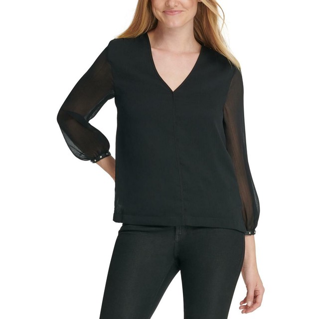 DKNY Womens Black Studded Sheer Sleeve V-neck Blouse Shirt L BHFO 2720 for sale online | eBay