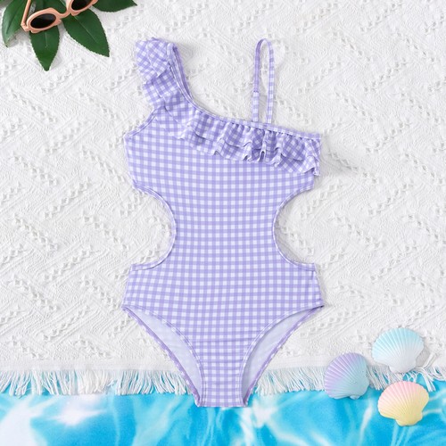 Kids Girls Swimsuits One Shoulder Ruffle Swimwear Plaid Bathing Suit