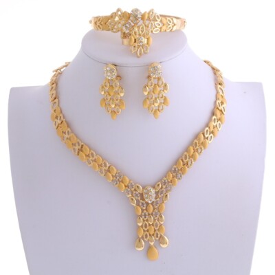 New Gold Plated Metal Necklace Bracelet Earring Set HQX391-GLD