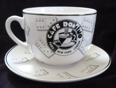 VTG SHI Stoneware Cafe Domino New York London Paris B&W Large Cup & Saucer EUC