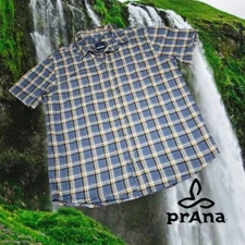 Prana Men's Bryner S/s Button Front Button Front Shirt Blue/Yellow Plaid L FLAW