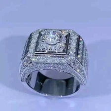 3Ct Round Cut Natural Moissanite Men's Wedding Pinky Ring 14K White Gold Plated