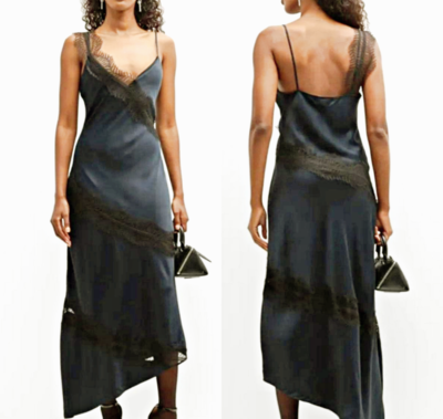 HOUSE OF HARLOW 1960 Lace-Trim Poly Satin Hi-Low Slip Midi Dress in Black  sz M | eBay
