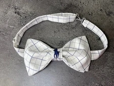 Custom Mens Cream Blue Check Bow Tie Pre-tied Adjustable Handmade with Pony