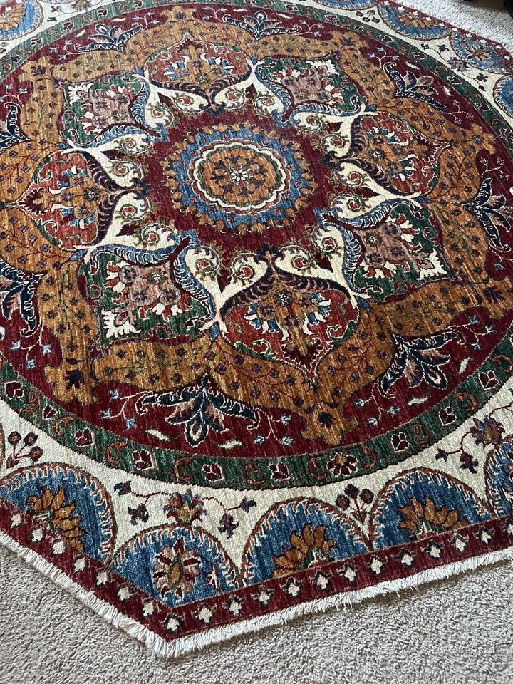 Geometric Round Super Choobi Oriental Rug Wool hand-knotted 5’7”x5’10” Carpet - Image 2 of 4