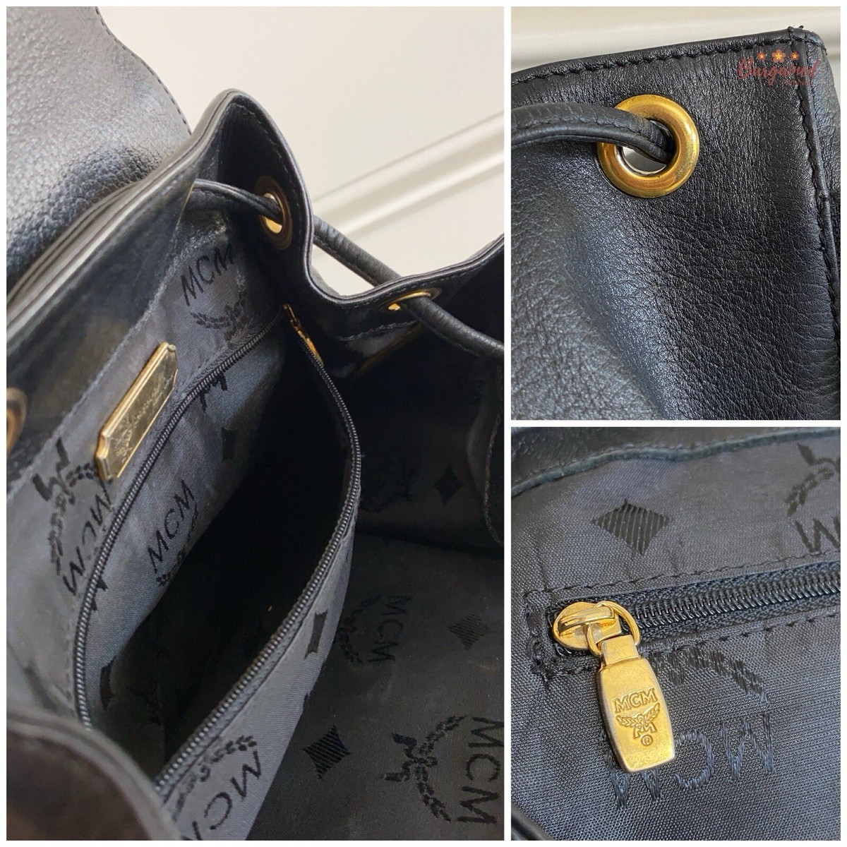 Authentic MCM Black Leather Studded Backpack Gold Hardware Drawstring Flap Bag MCM Vintage Studded Leather Backpack Black main image 2
