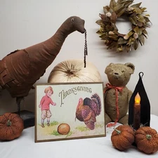 ADORABLE PRIMITIVE VICTORIAN VINTAGE STYLE THANKSGIVING BOY FOOTBALL TURKEY SIGN