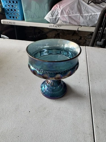 VINTAGE INDIANA CARNIVAL GLASS KINGS CROWN THUMBPRINT BLUE IRIDESCENT COMPOTE 5"