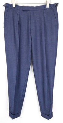 SUITSUPPLY Brescia Herren Hose UK42S Blau Plissee Wolle Slim Turn-Up Front *