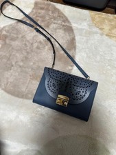 FURLA Metropolis Shoulder Bag Leather Navy Blue Cutting Design Gold from Japan