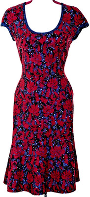 ST JOHN Women's Red Burgundy Metallic Teal Studs Rhinestone Print Dress Sz 2