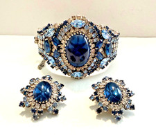 Vintage Hobe Blue & Clear Rhinestone Earrings With Matching Bracelet