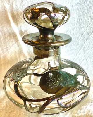 Pristine Antique Alvin Art Nouveau .999 Fine Silver Overlay Perfume Bottle Iris