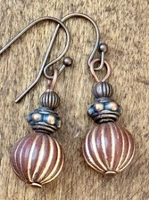 Etched Copper with Cinnamon Vintage Bead Dangle Earrings.