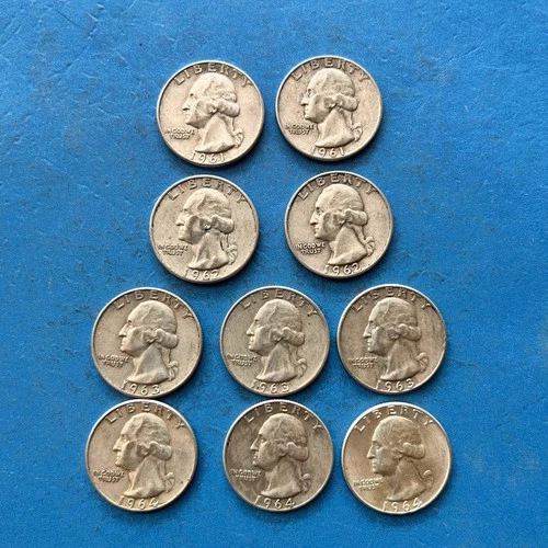 Lot of 10 Silver Washington Quarters 1961-1964