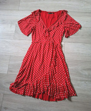 I Saw It First Red & White Spotted Dress Ruffle Flared Stretch Mock Wrap UK14