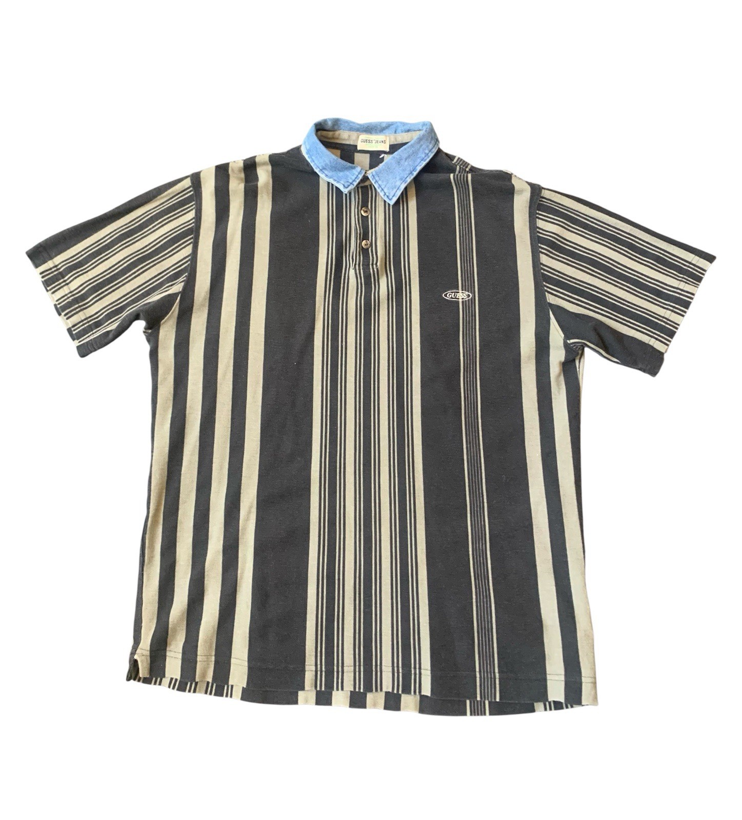 Vintage 90s Guess Jeans Black Striped Polo Shirt Men’s Size XL