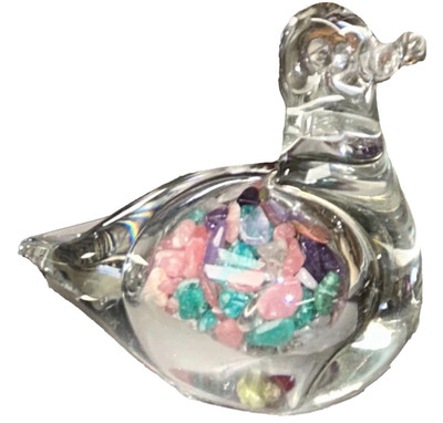 STRÄNDE 80er Jahre Edelstein Kristalle gefüllt Glas Ente Figur Ornament Briefbeschwerer