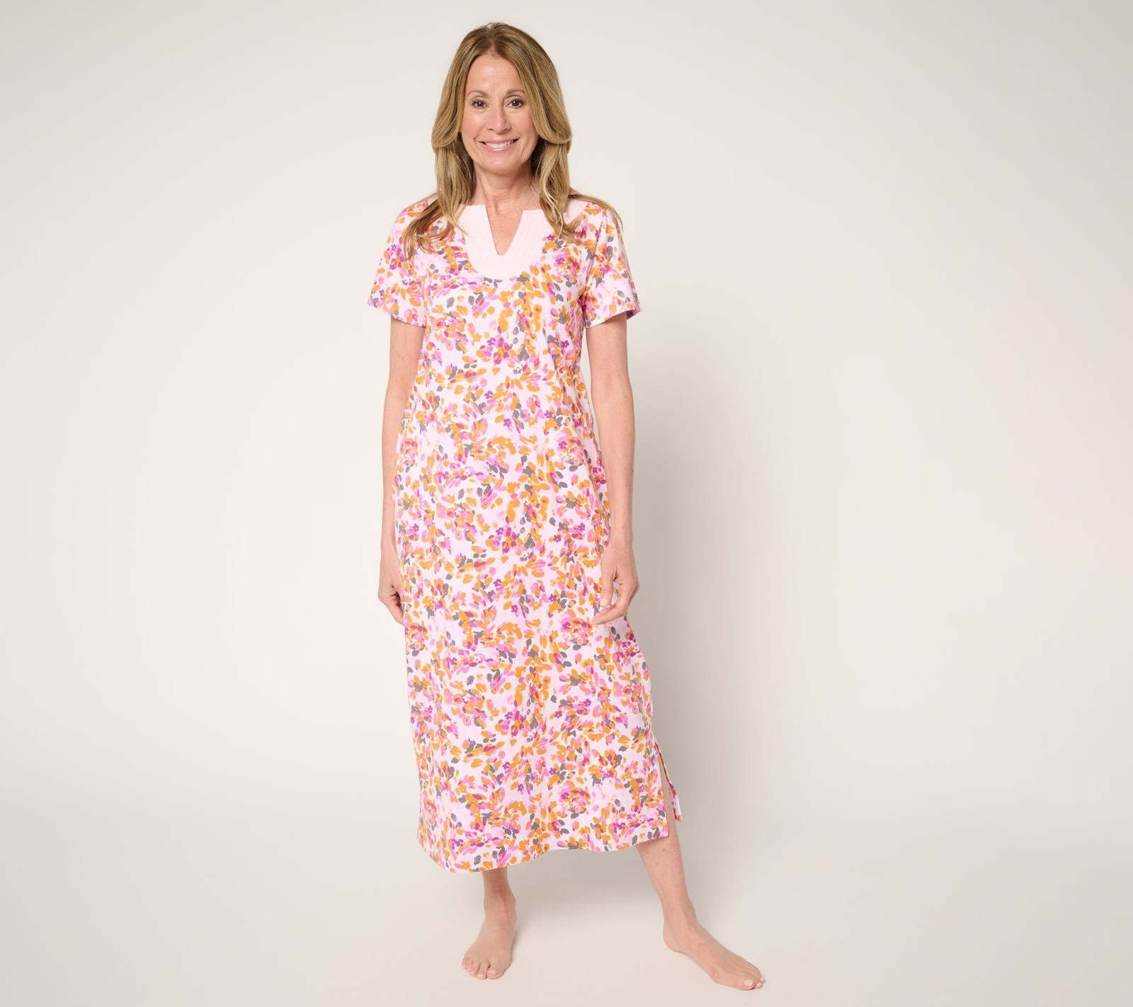 Carole Hochman Women's Dress Sz L 100% Cotton Maxi Trapunto Detail Pink A679605