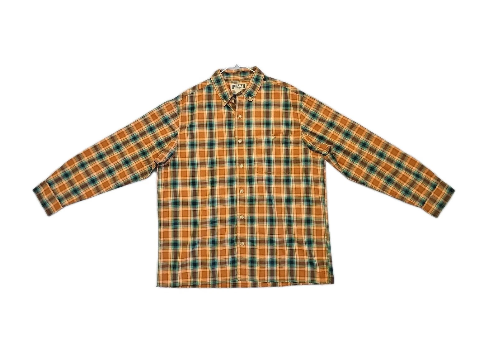 Duluth Trading Men’s L Plaid Camp Shirt Orange Green Relaxed Fit Long Sleeve