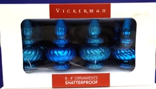 Vickerman SHATTERPROOF Blue FINIAL Ornaments, Set of 8. Glitter, 4" Assortment.