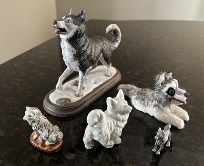 Lot of 6 Quirky Vintage HUSKY Figurines: Resin, Pewter, Ceramic, Fur