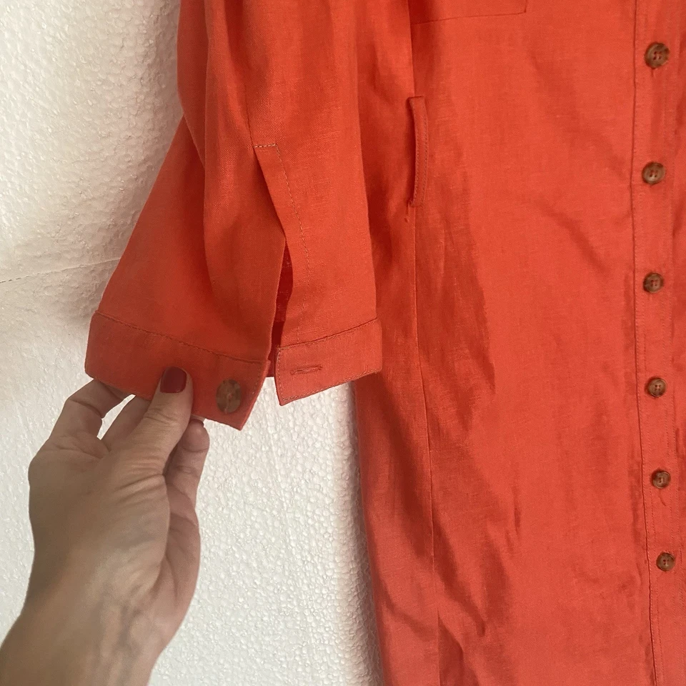 Tahari Linen Button Dress Women’s Sz 12 Coral Short Sleeve Collared - Image 3 of 4