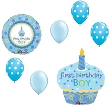 Boy's 1st First #1 Cupcake Polka Dots 7 Pc Birthday Party Bouquet Balloons Set P