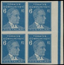 1933, TURKEY, KEMAL ATATURK, 6K BLUE, RIGHT MARGIN IMPERF BLOCK, NH SC. #746 imp