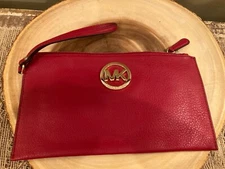 Michael Kors Fulton Large Clutch Wristlet Wallet Red Leather 10x5.5”