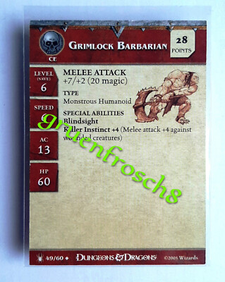  GRIMLOCK BARBARIAN  49 U  UNDERDARK 2005 WIZARDS DnD D&D MINIS GAMES STATS CARD