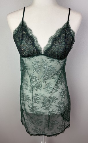 Victoria Secret Medium Green Slip Dress Lace Up Lingerie Chemise PJ Nightie