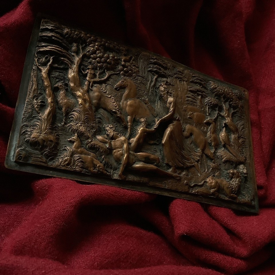 Adam Eve Nude Lady Eden Lion Horse Bird Bible Antique Bronze Medal ...