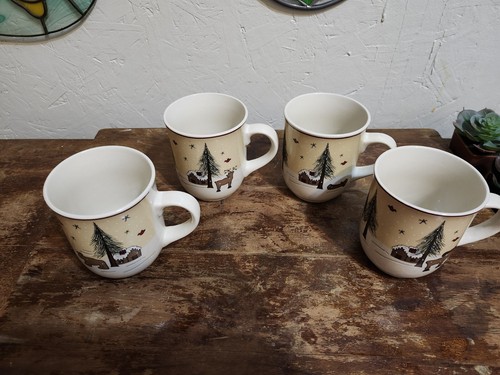 Ginger Creek Tea Coffee Mugs Northwoods Moose Cabin Canoe Stoneware Set Of 4 - Picture 2 of 10