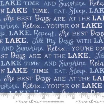Cotton On Lake Time Deep Water Words Dark Blue Fabric Print by Yard D689.89