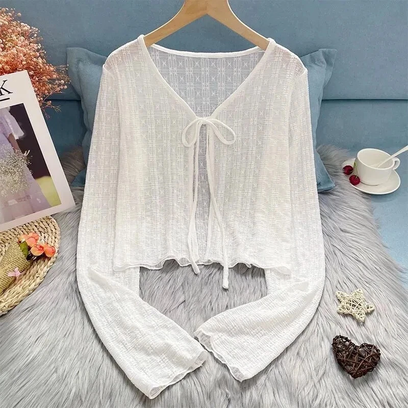 Woman T-shirt Summer Thin Bow Womens Cardigan Casual Sun Protection Top Women