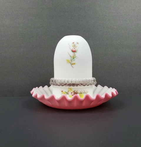 Fenton for LG Wright Moss Rose 4pc Fairy Lamp Light Cased Pink Hand Painted EUC
