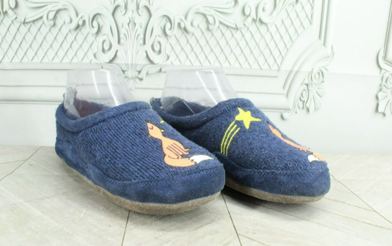 LL Bean Kid's Blue Knit Slip On Sweater Fleece Fox Motif Slippers Size
