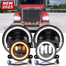 for Freightliner Coronado 7'' LED Headlight Round Projector Hi/Lo+ 4'' Fog Light